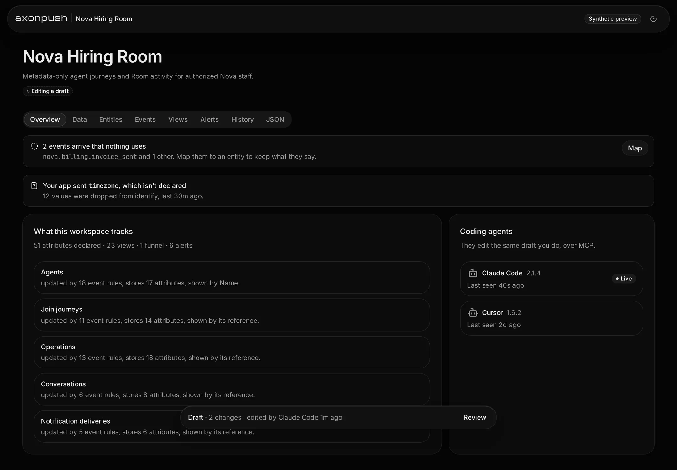 The workspace page: what the Nova workspace tracks, unmapped events, and a draft edited by Claude Code.