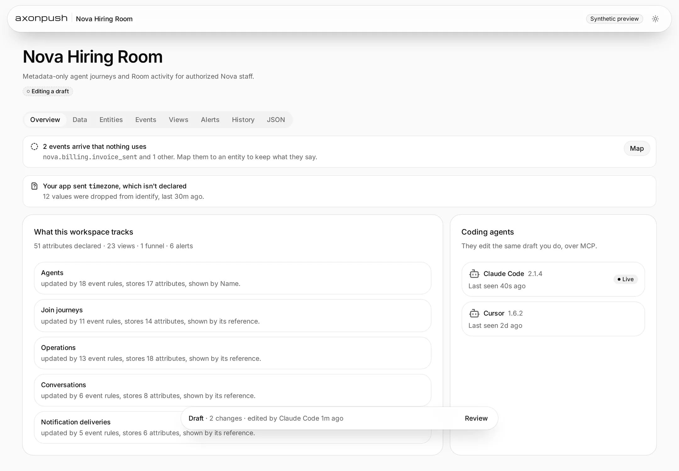 The workspace page: what the Nova workspace tracks, unmapped events, and a draft edited by Claude Code.