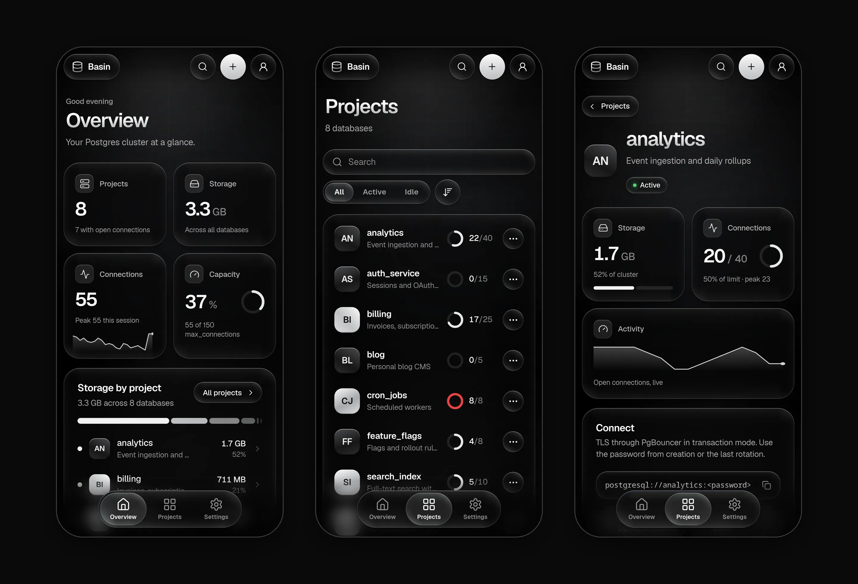 Three phone screens: the overview with stat tiles and a storage breakdown, the projects list with connection rings, and a project page with its activity chart.