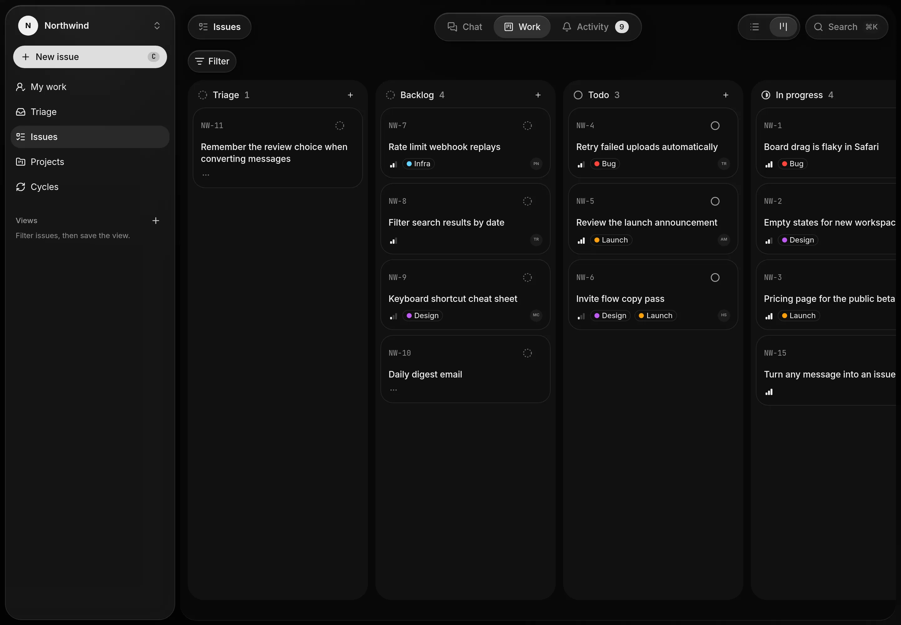 The Northwind issues board with Triage, Backlog, Todo and In progress columns.