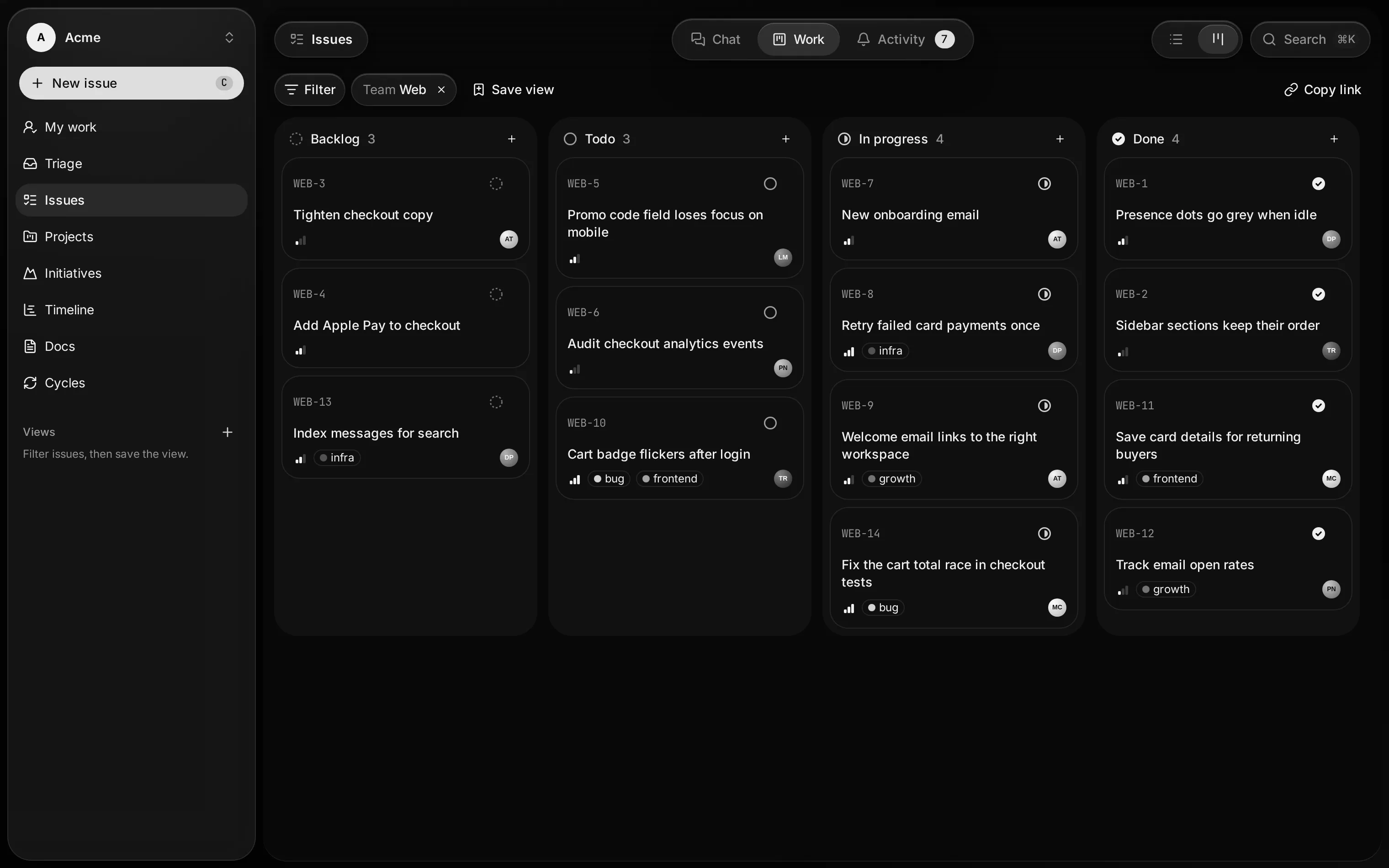 The Web team's issue board with Backlog, Todo, In progress and Done columns, labels and assignees.