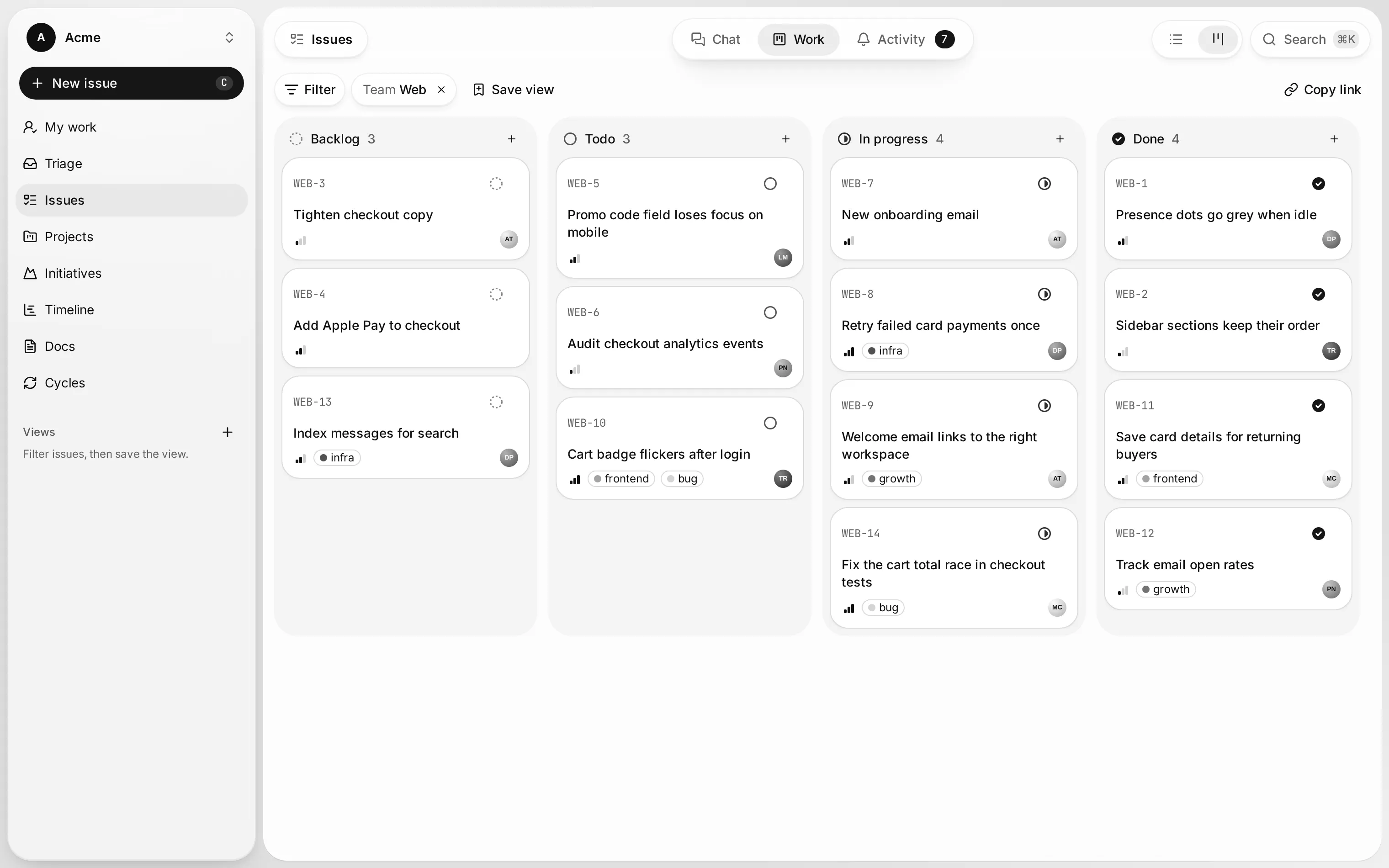 The Web team's issue board with Backlog, Todo, In progress and Done columns, labels and assignees.