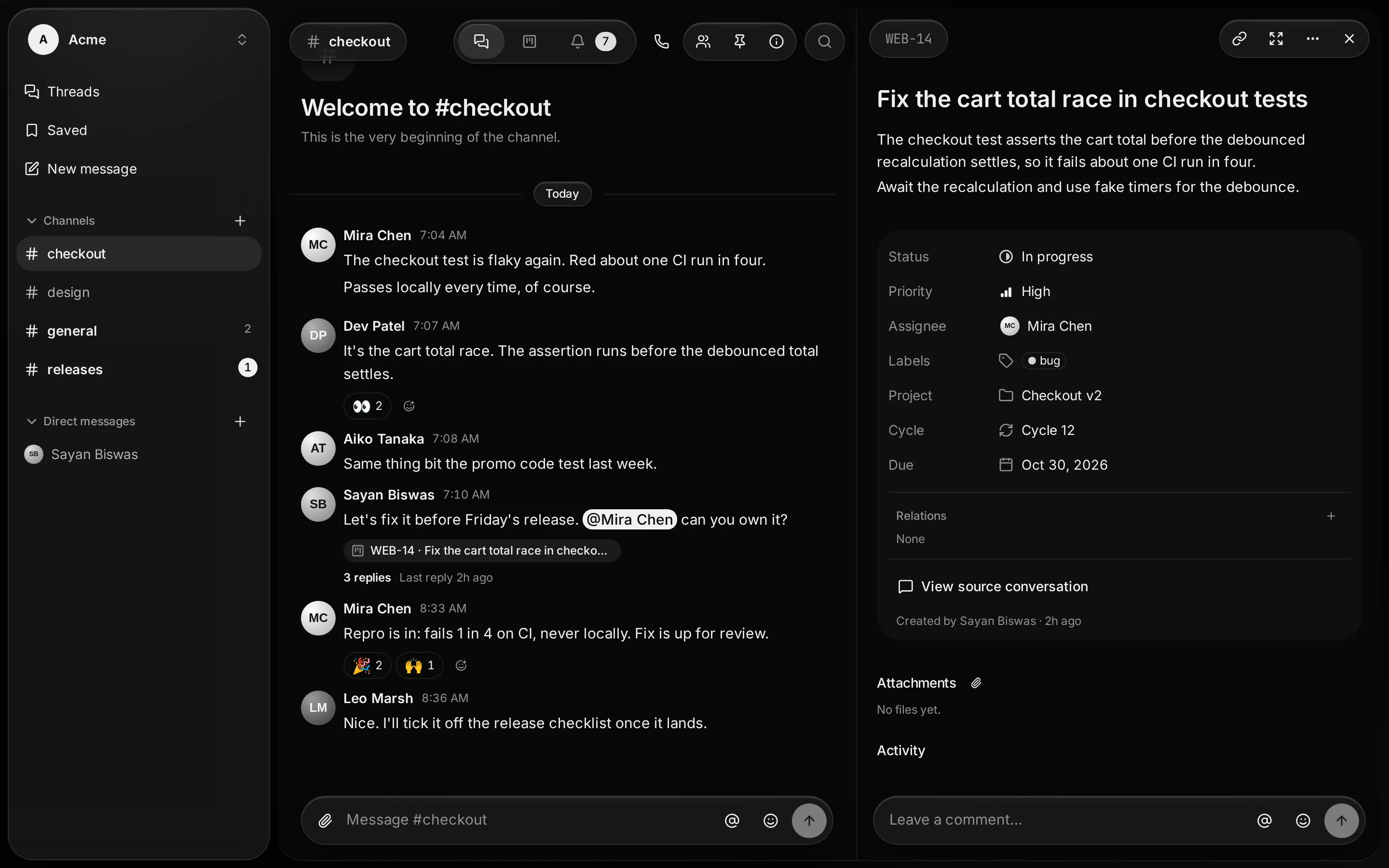 The #checkout channel in Kaiwa, with the issue created from the conversation open beside it and a chip linking the message to that issue.