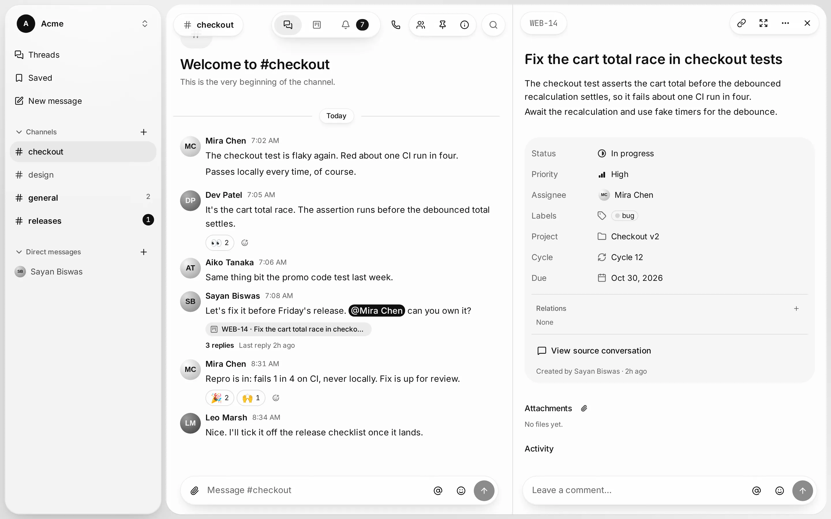 The #checkout channel in Kaiwa, with the issue created from the conversation open beside it and a chip linking the message to that issue.