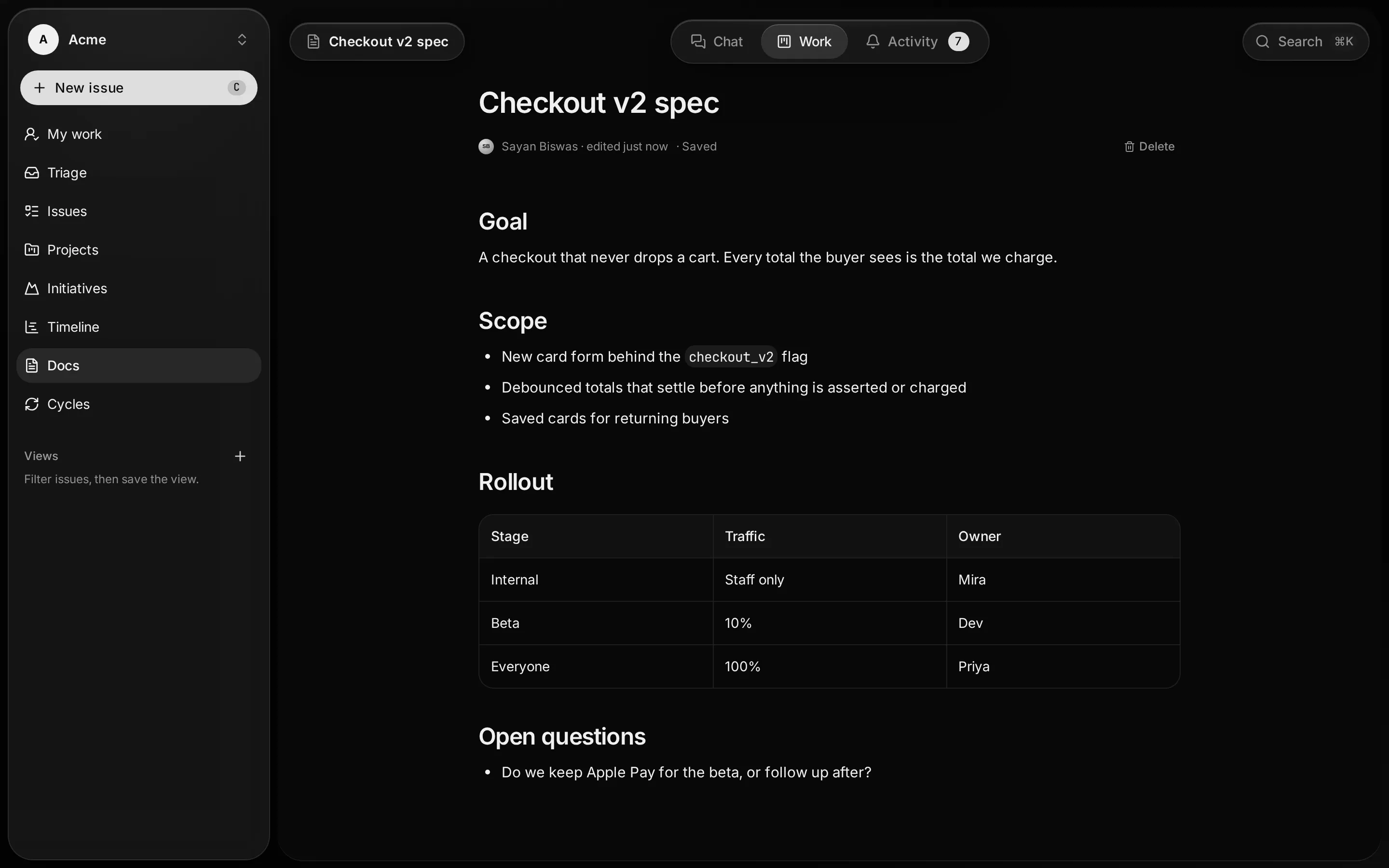 The Checkout v2 spec doc with headings, a list, a rollout table and an open question.