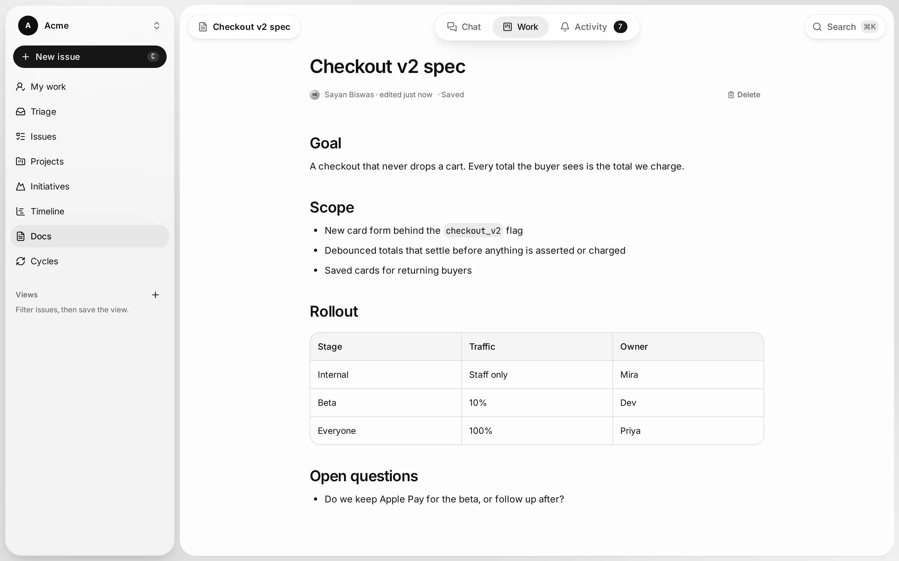 The Checkout v2 spec doc with headings, a list, a rollout table and an open question.