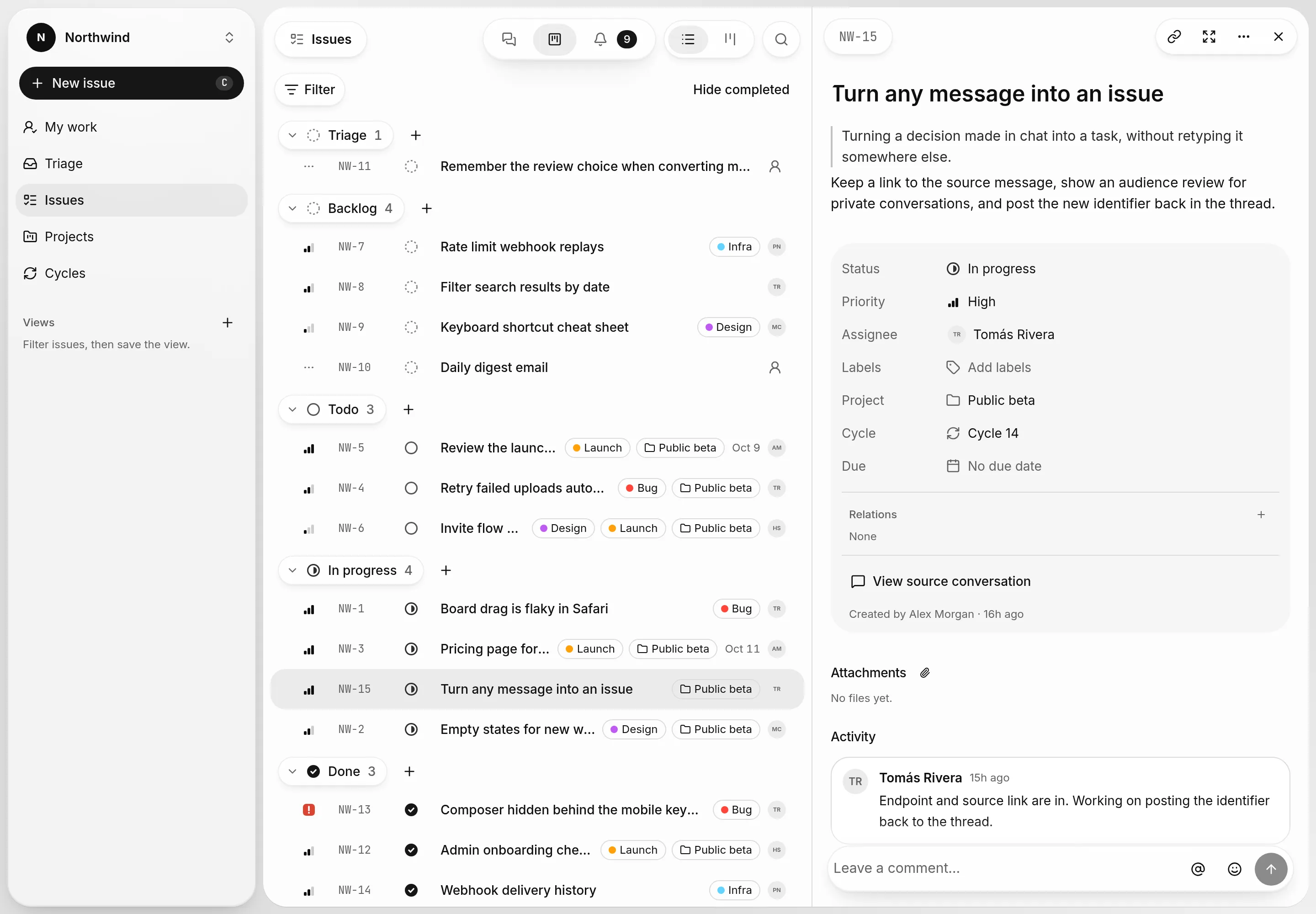 An issue open beside the issue list, showing status, priority, project, cycle and its activity.
