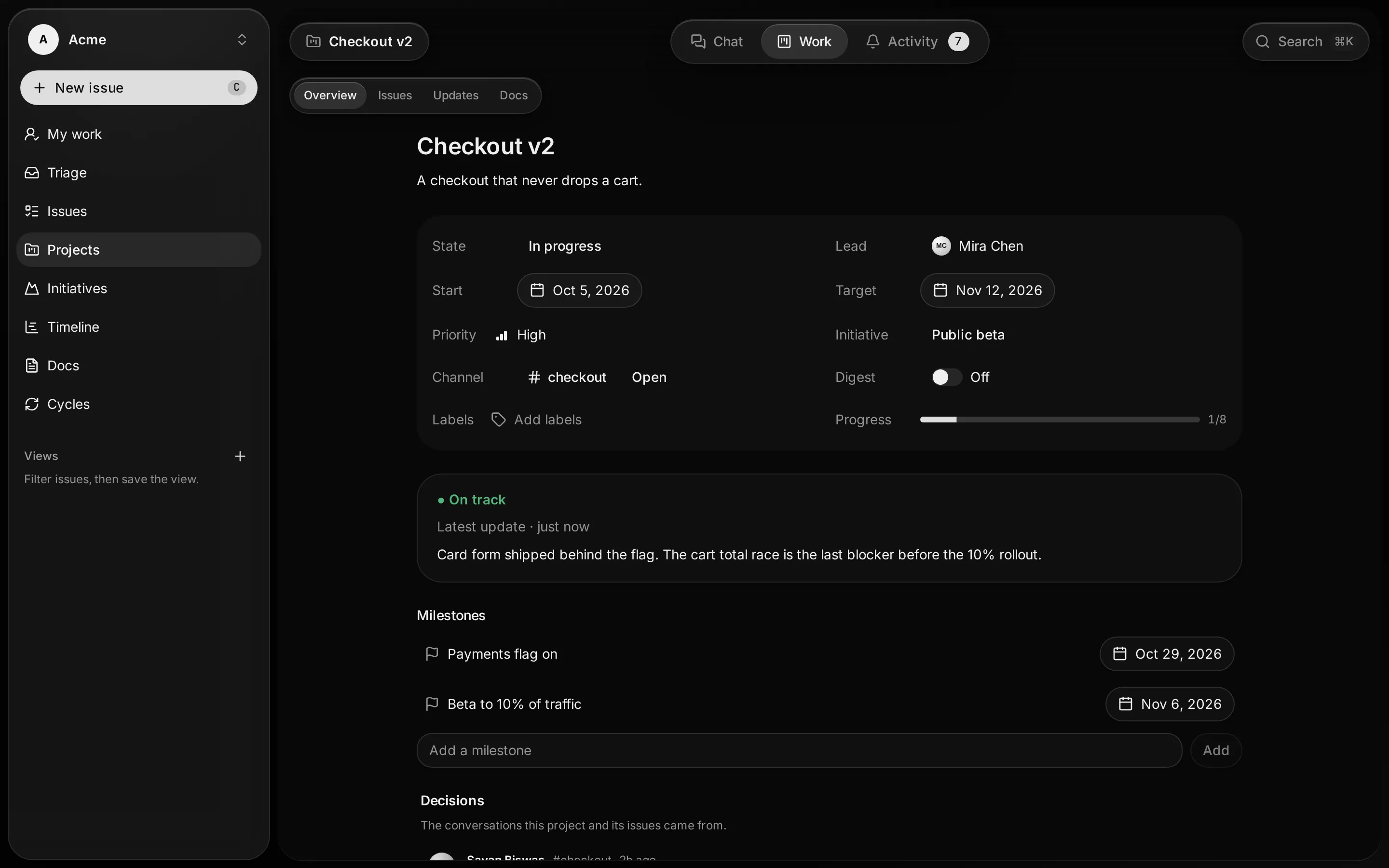 The Checkout v2 project overview with its lead, dates, linked channel, an on-track update, milestones and the conversations it came from.