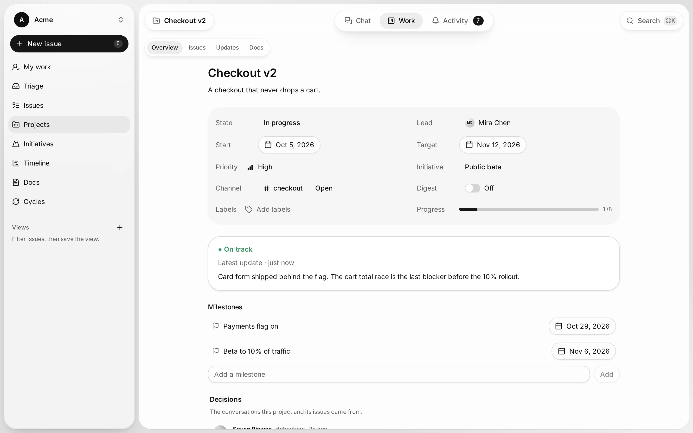 The Checkout v2 project overview with its lead, dates, linked channel, an on-track update, milestones and the conversations it came from.